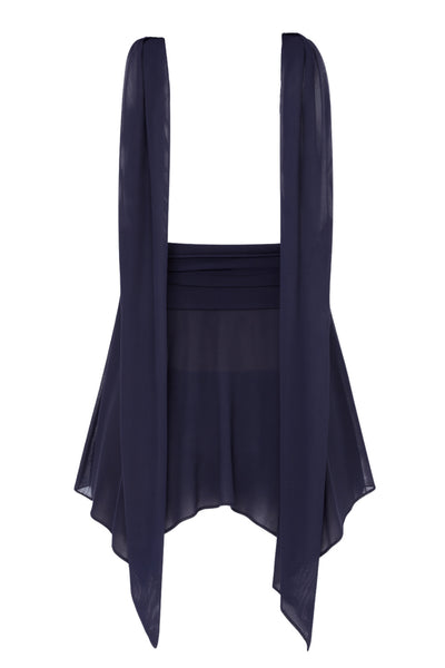 Crop top strapless de mesh, fit ajustado, escote recto con detalles plisados laterales, bajo asimétrico con olanes y rib rizado en borde. Detalle de choker.