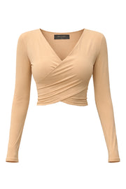 Crop top de fit ajustado, escote v cruzado, plisados en costados y manga larga.