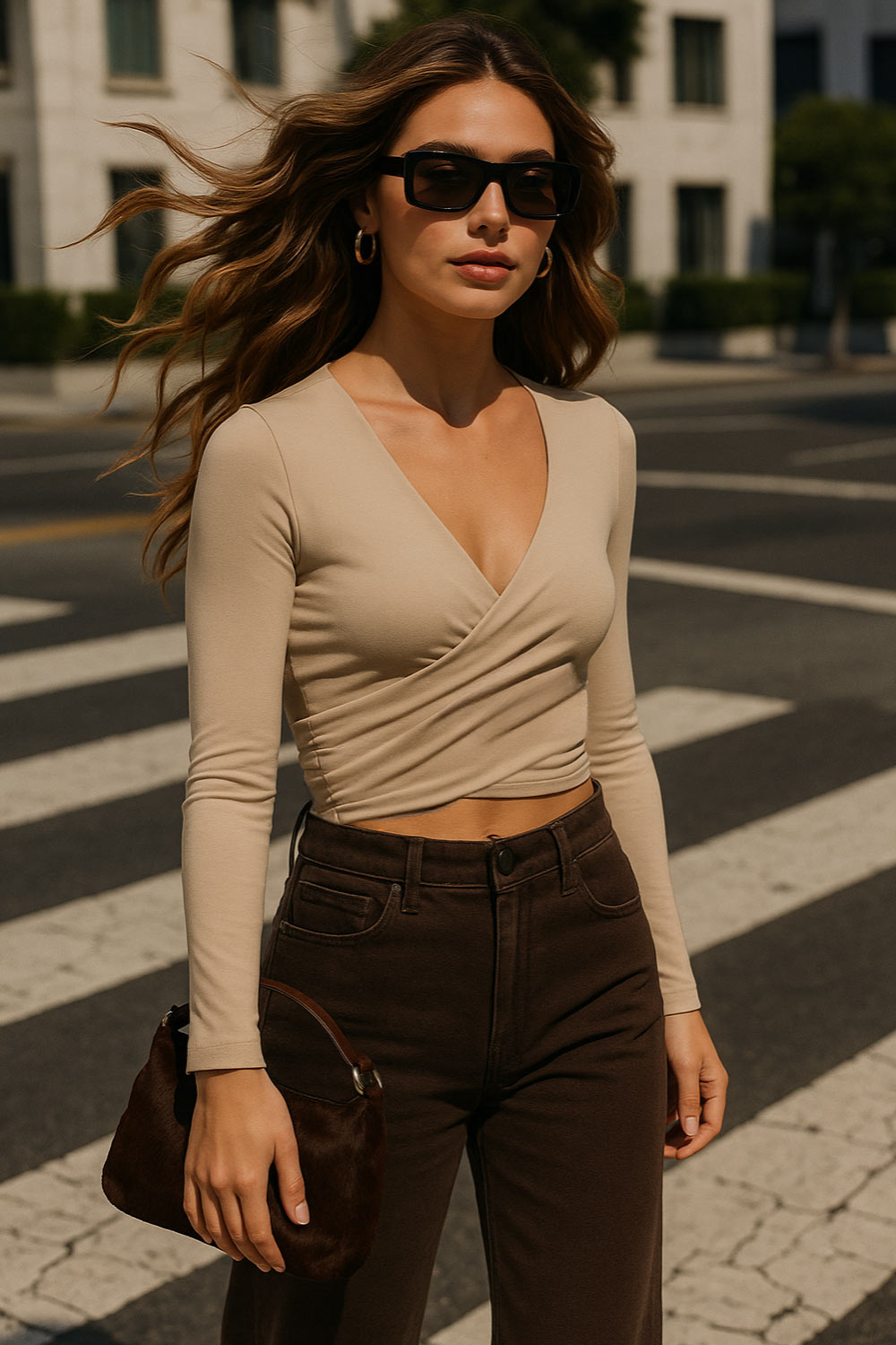 Crop top de escote v cruzado con plisados frontales, manga larga y fit ajustado.