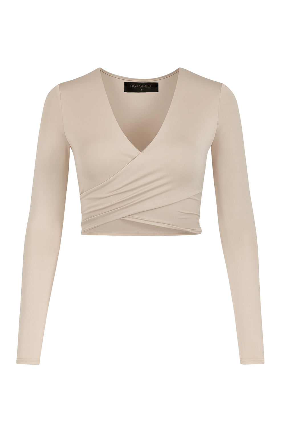 Crop top de escote v cruzado con plisados frontales, manga larga y fit ajustado.