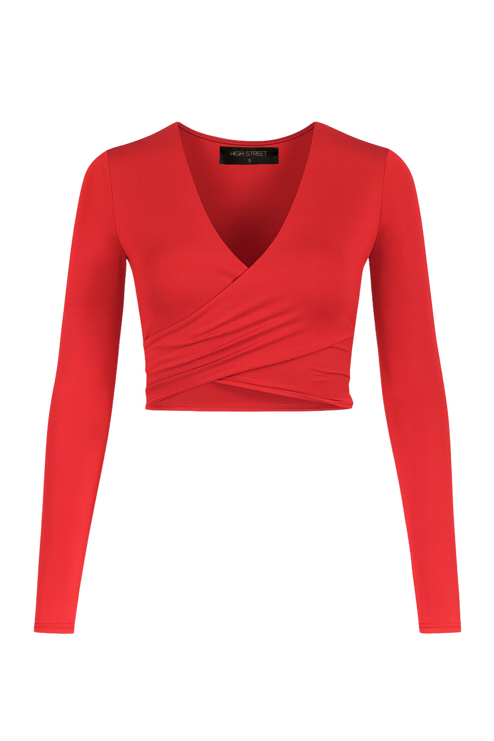 Crop top de escote v cruzado con plisados frontales, manga larga y fit ajustado.