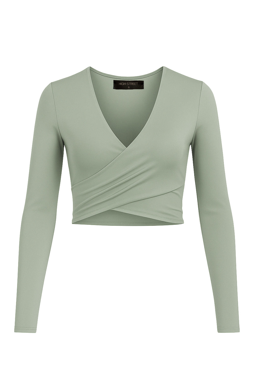 Crop top de escote v cruzado con plisados frontales, manga larga y fit ajustado.