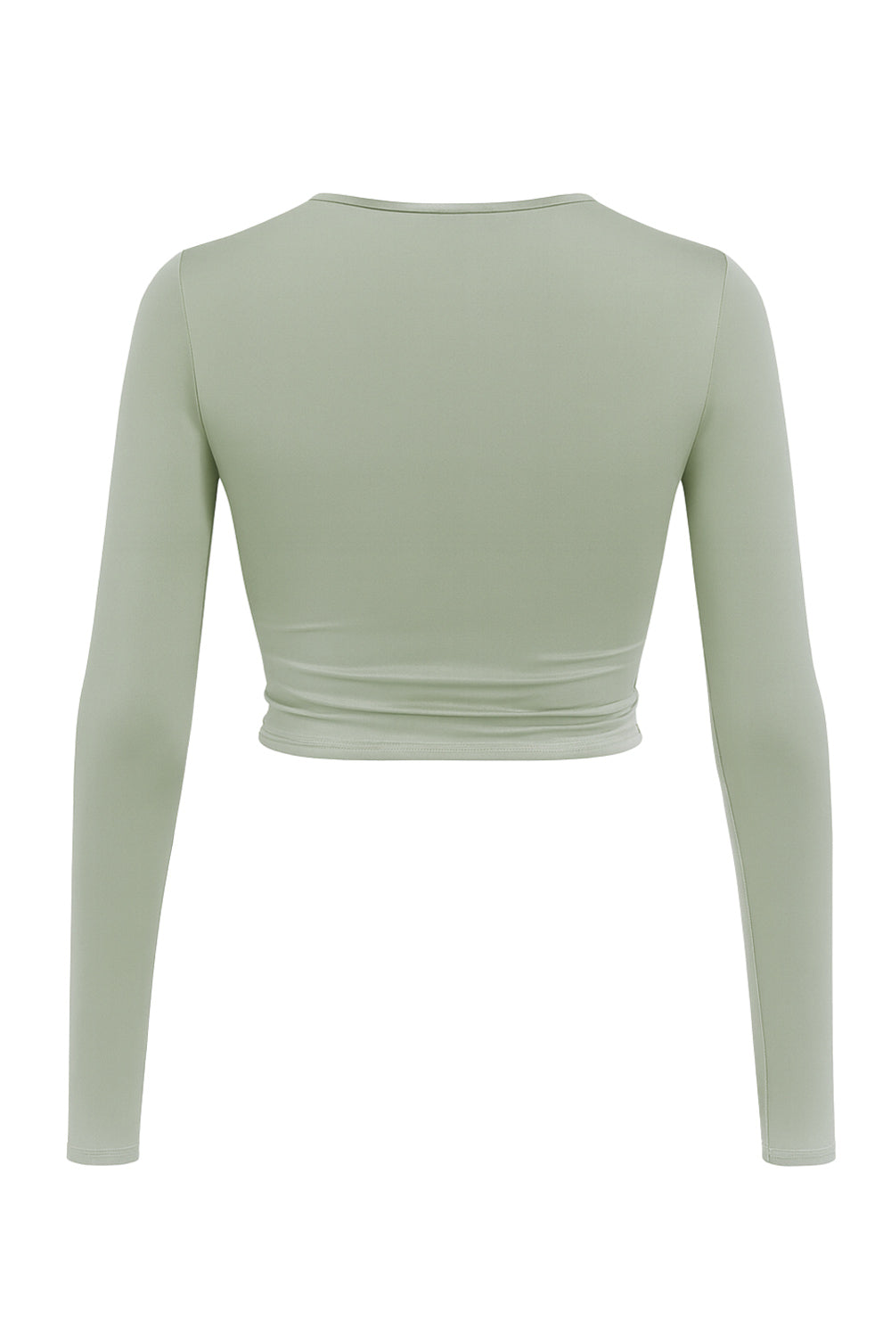 Crop top de escote v cruzado con plisados frontales, manga larga y fit ajustado.