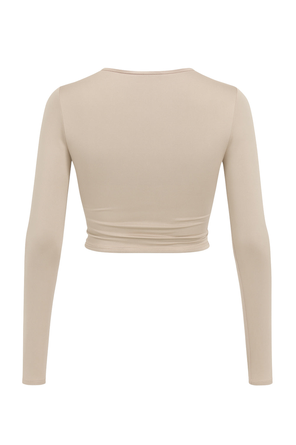 Crop top de escote v cruzado con plisados frontales, manga larga y fit ajustado.