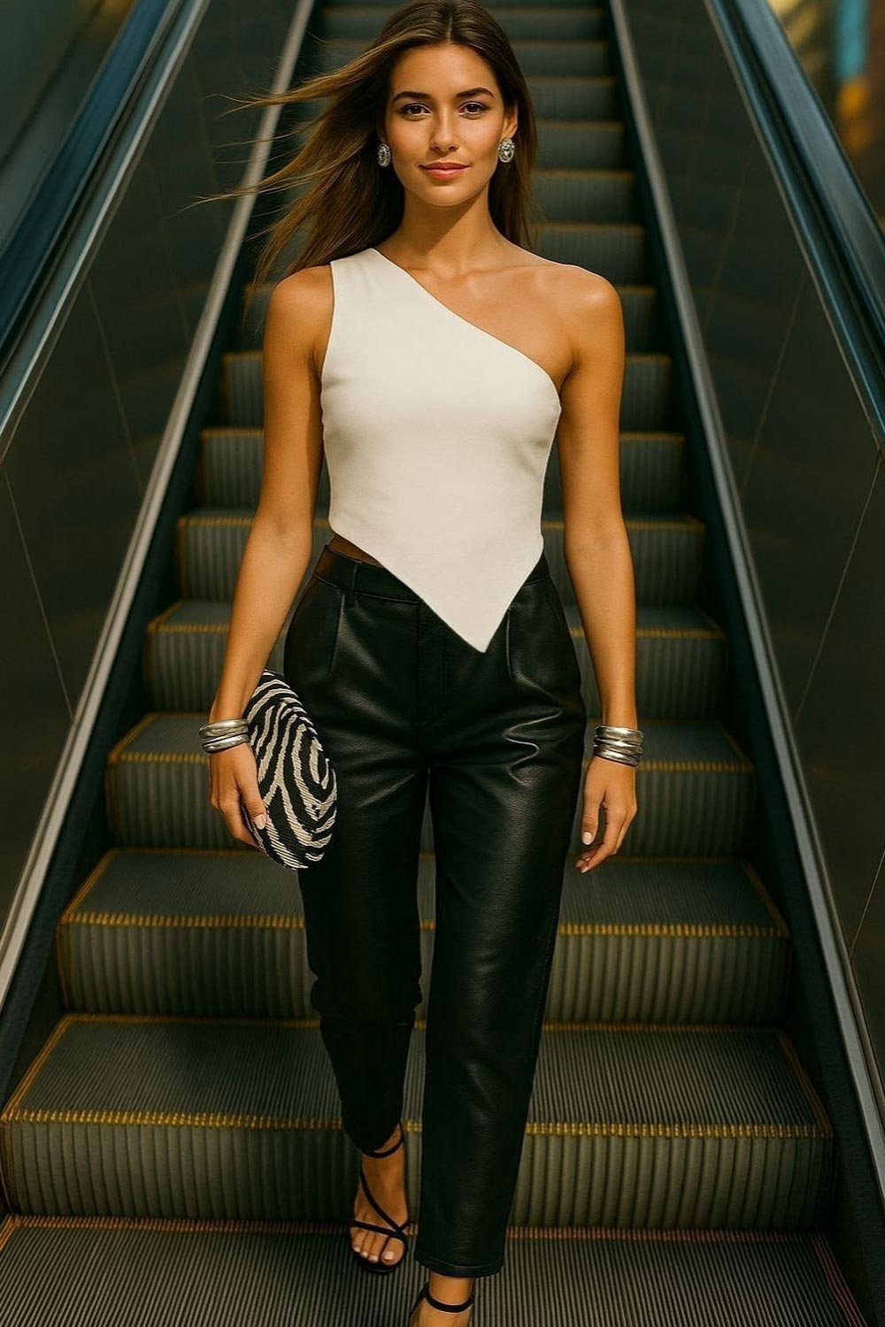 Crop top asimétrico de un hombro, sin mangas, fit ajustado, escote diagonal, escote en espalda, bajo frontal asimétrico y cierre posterior con nudo amarrable.