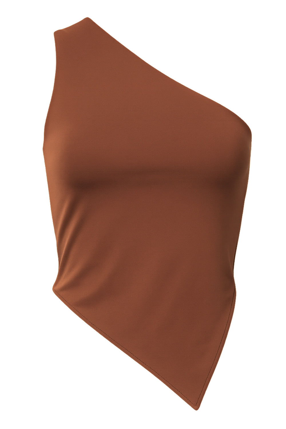 Crop top asimétrico de un hombro, sin mangas, fit ajustado, escote diagonal, escote en espalda, bajo frontal asimétrico y cierre posterior con nudo amarrable.