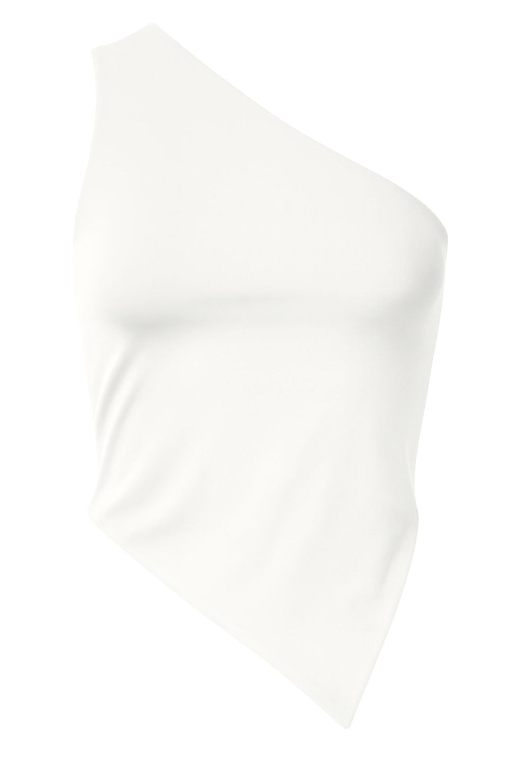 Crop top asimétrico de un hombro, sin mangas, fit ajustado, escote diagonal, escote en espalda, bajo frontal asimétrico y cierre posterior con nudo amarrable.