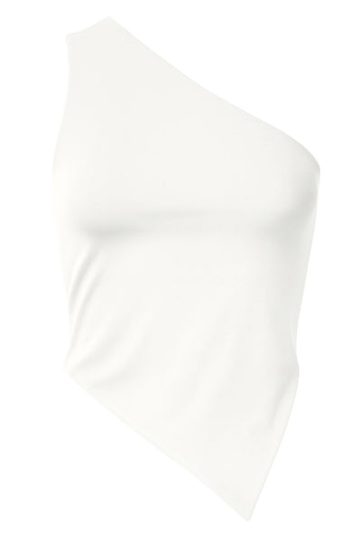 Crop top asimétrico de un hombro, sin mangas, fit ajustado, escote diagonal, escote en espalda, bajo frontal asimétrico y cierre posterior con nudo amarrable.