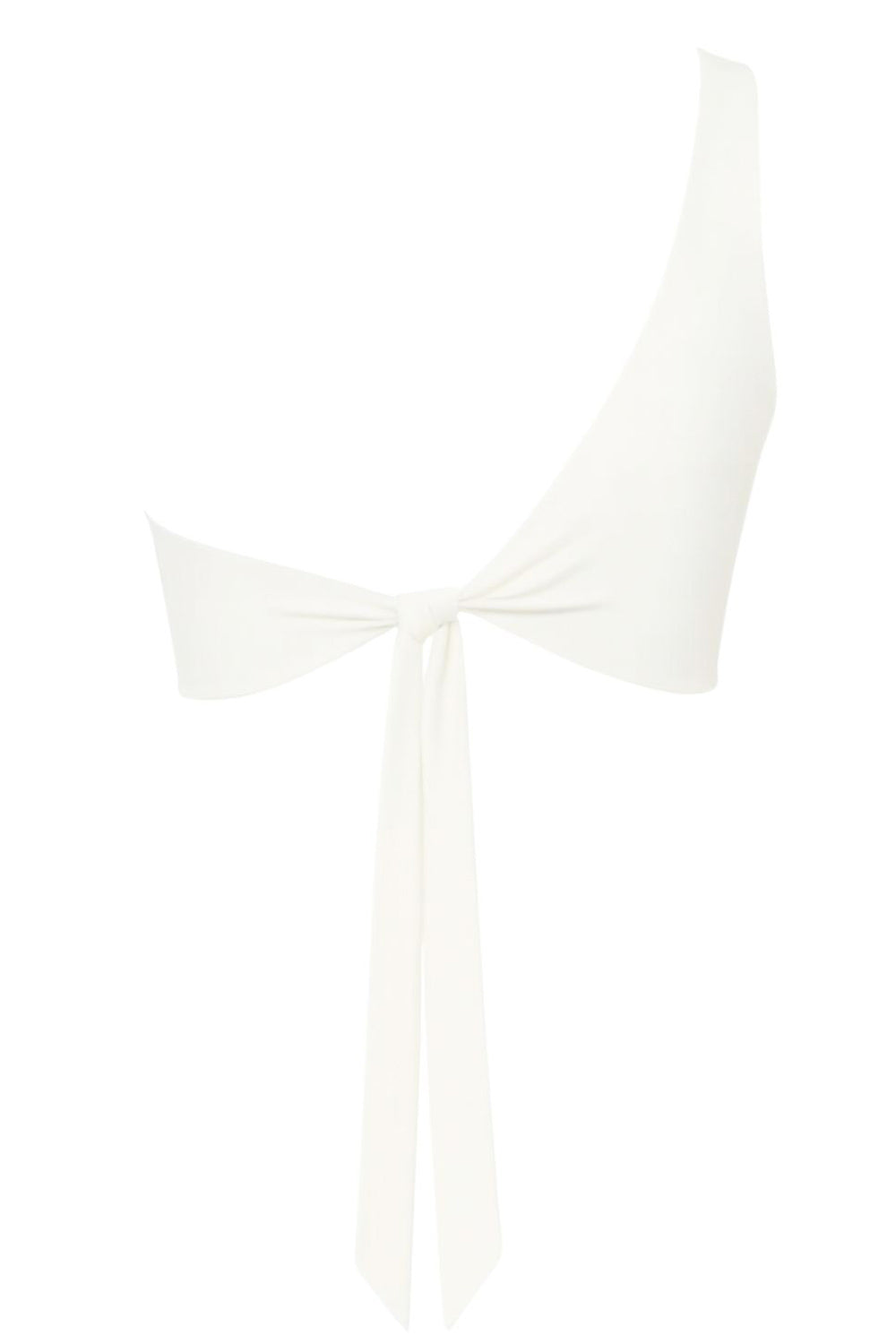 Crop top asimétrico de un hombro, sin mangas, fit ajustado, escote diagonal, escote en espalda, bajo frontal asimétrico y cierre posterior con nudo amarrable.