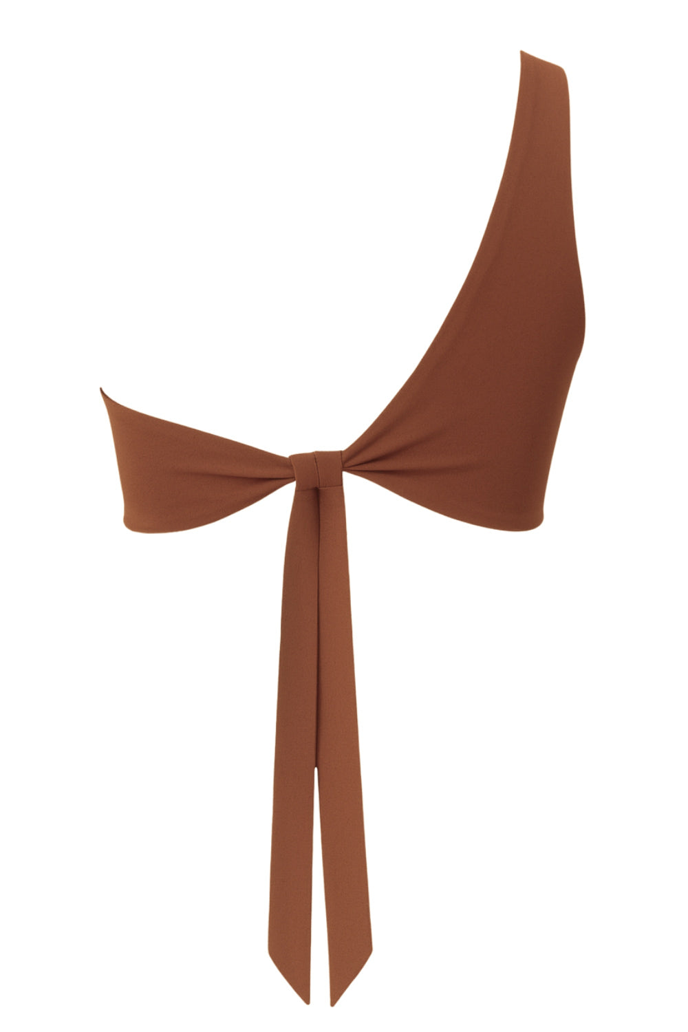 Crop top asimétrico de un hombro, sin mangas, fit ajustado, escote diagonal, escote en espalda, bajo frontal asimétrico y cierre posterior con nudo amarrable.