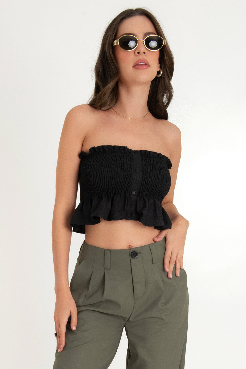 Crop top tubo fruncido con peplum olanes