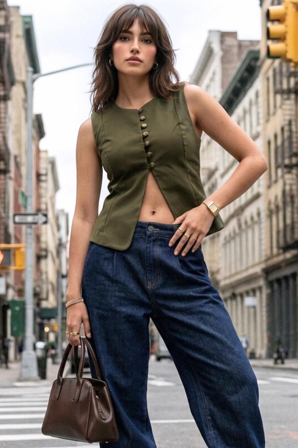 Chaleco de fit ajustado, cuello redondo, cierre frontal con hilera de botones en contraste, con abertura frontal en bajo y detalle de lazado ajustable en espalda.