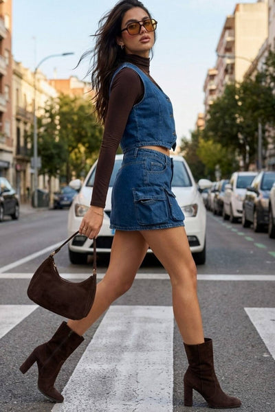 Falda corta cargo de denim, fit ajustado, cintura media con pretina y trabillas, bolsillos delanteros, laterales y posteriores cargo con cartera. Cierre frontal con cremallera oculta y botón en contraste.