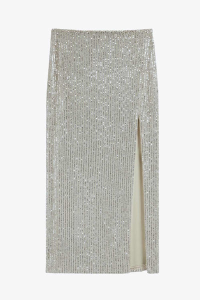 Falda midi de lentejuelas, fit ajustado y cintura alta elástica. Detalle frontal de abertura en bajo.