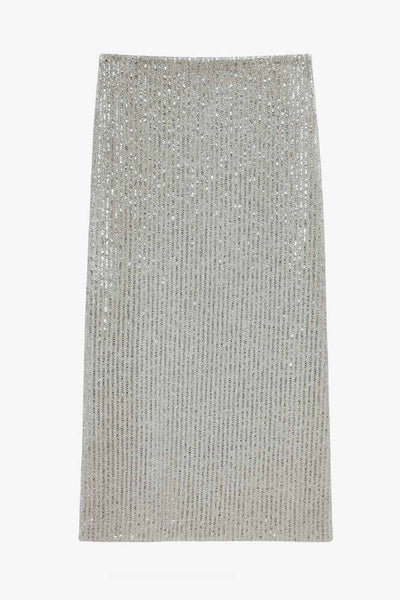 Falda midi de lentejuelas, fit ajustado y cintura alta elástica. Detalle frontal de abertura en bajo.