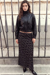 Polka dot midi skirt with drawstring and slit