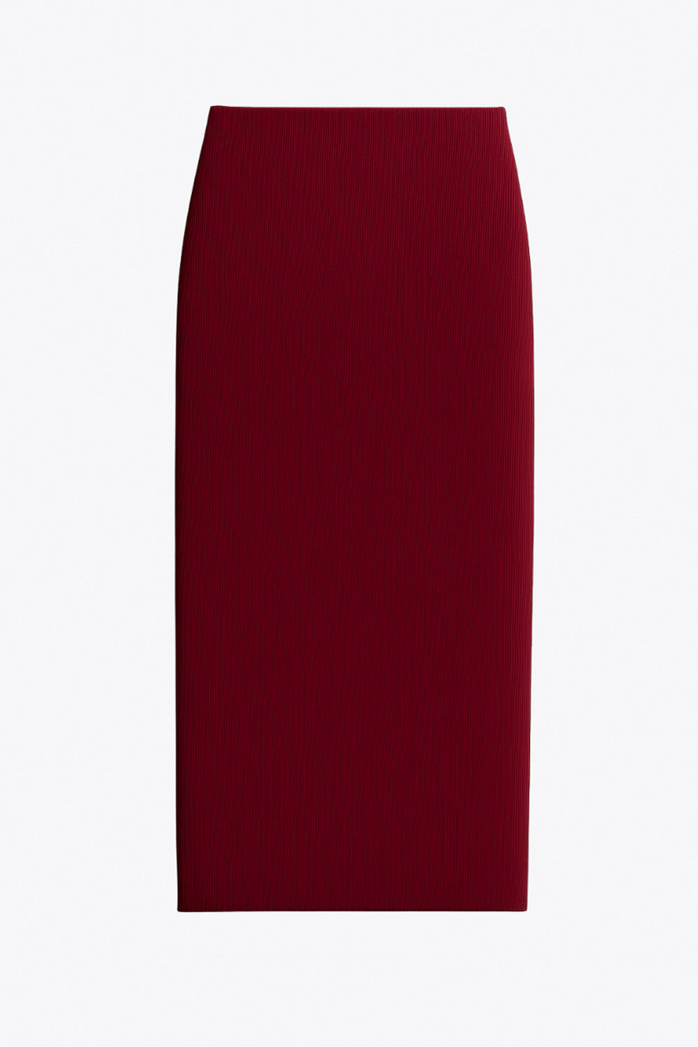 Falda midi de fit ajustado, cintura media elástica, abertura lateral en bajo y detalle de textura en tejido.