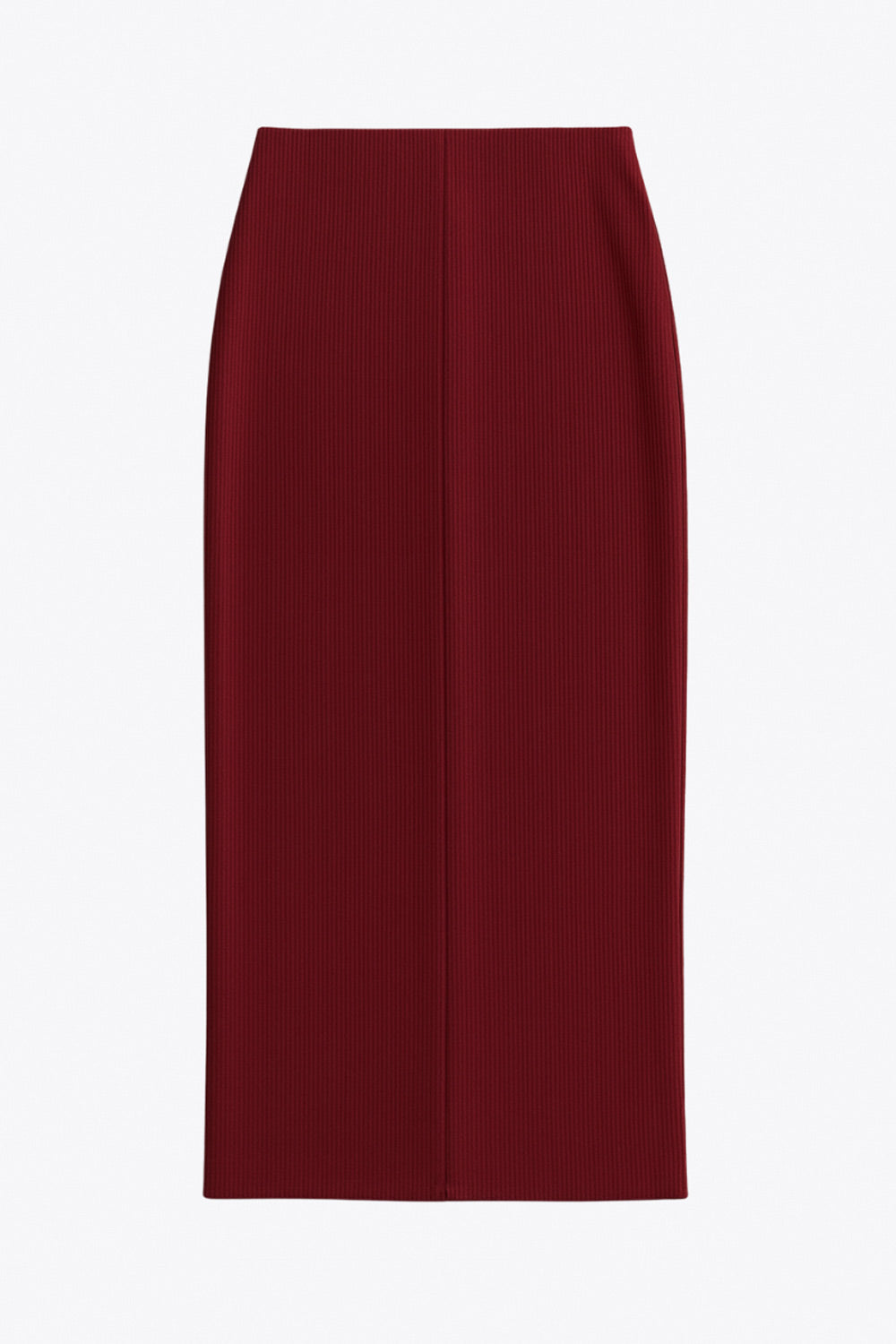 Falda midi de fit ajustado, cintura media elástica, abertura lateral en bajo y detalle de textura en tejido.