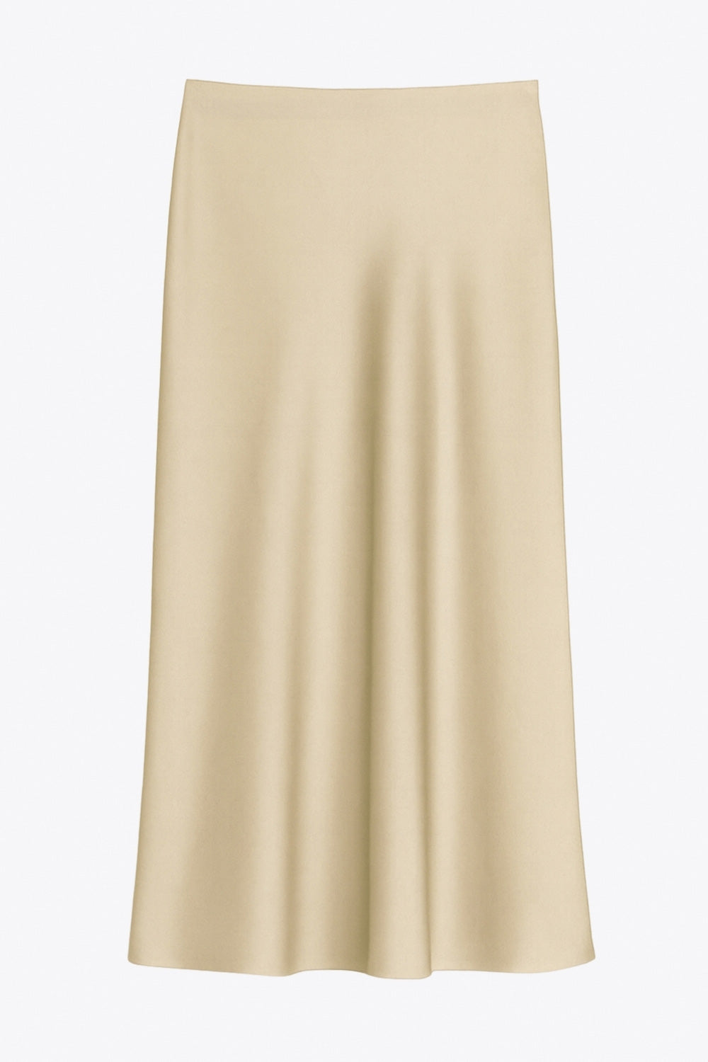 Falda midi satinada de cintura alta con pretina elástica y fit recto.