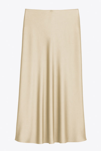 Falda midi satinada de cintura alta con pretina elástica y fit recto.