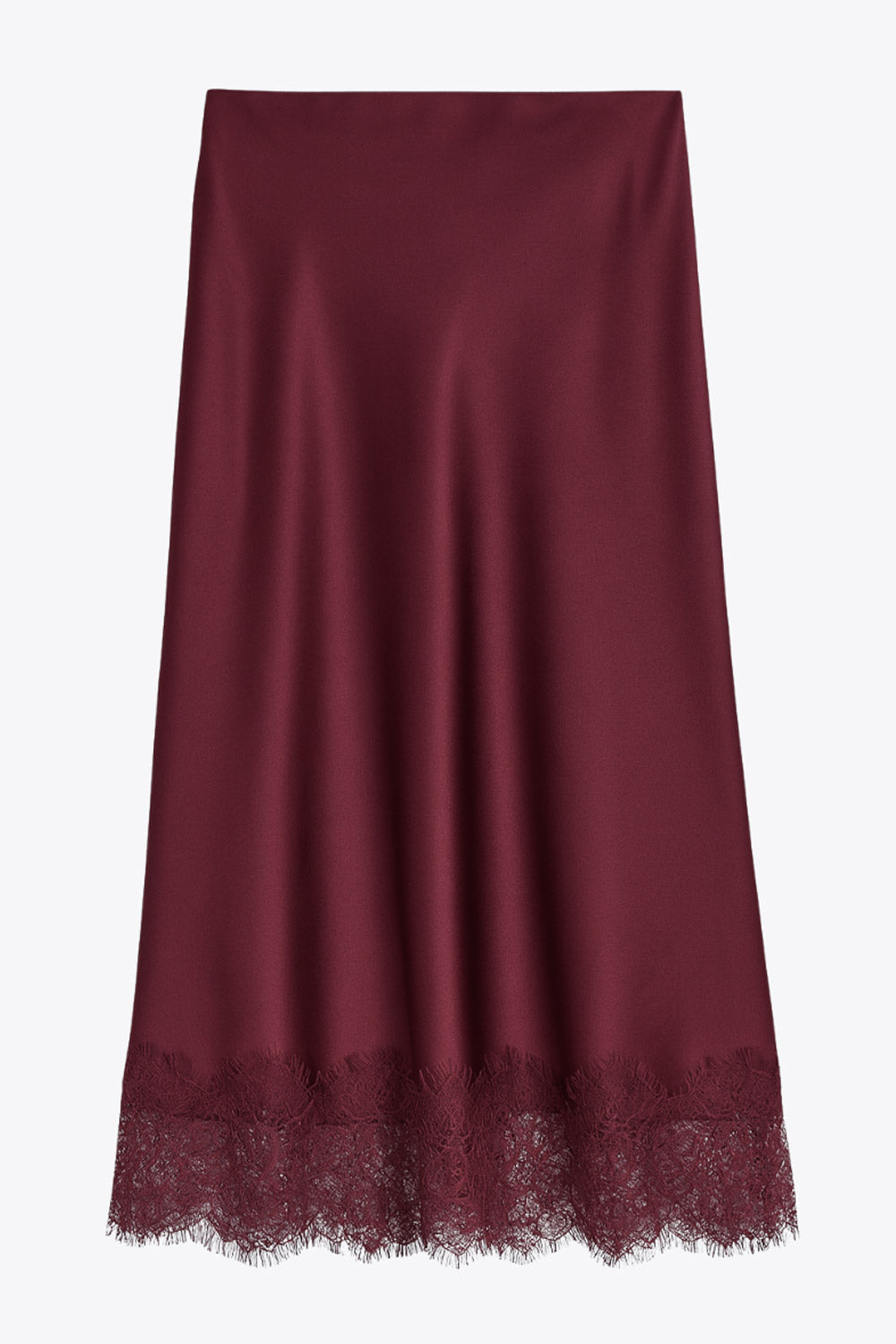 Falda midi satinada de cintura alta con pretina elástica y fit recto. Detalle de encaje en bajo.