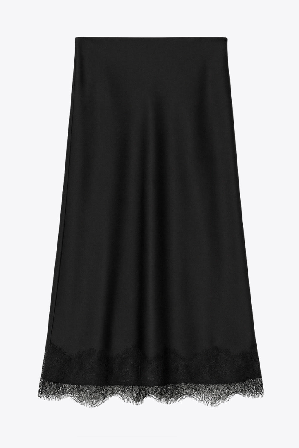 Falda midi satinada de cintura alta con pretina elástica y fit recto. Detalle de encaje en bajo.