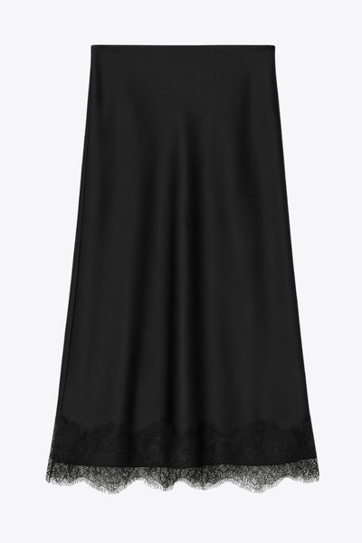 Falda midi satinada de cintura alta con pretina elástica y fit recto. Detalle de encaje en bajo.