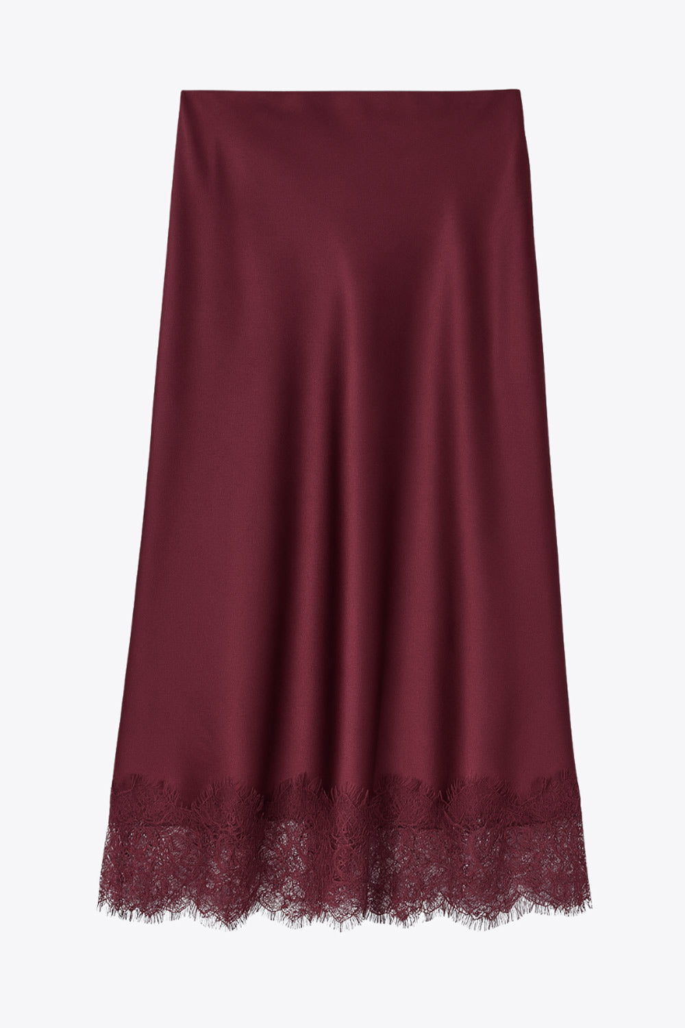 Falda midi satinada de cintura alta con pretina elástica y fit recto. Detalle de encaje en bajo.