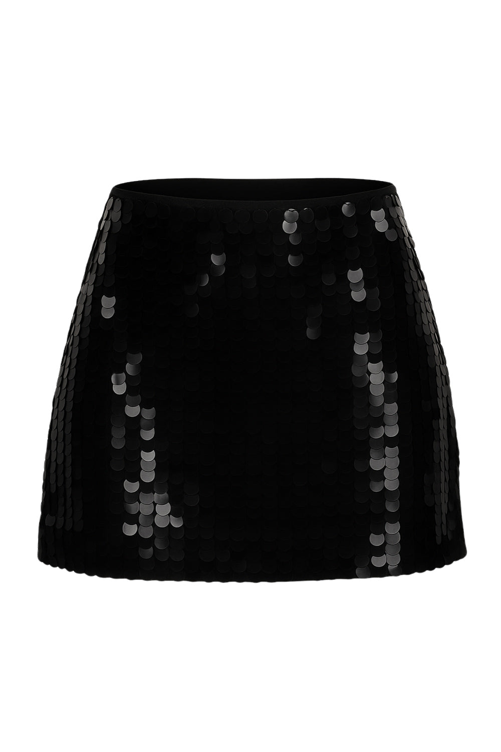 Falda corta de lentejuelas, fit ajustado y cintura alta elástica.