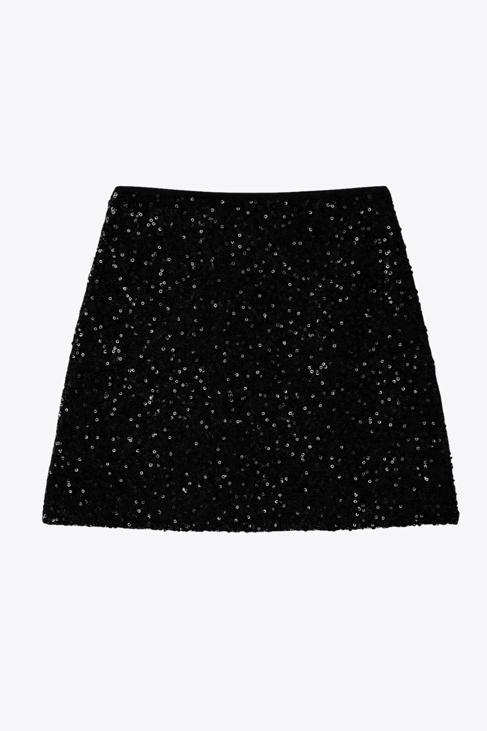 Falda corta de lentejuelas, fit ajustado y cintura alta elástica.