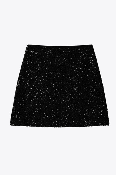 Falda corta de lentejuelas, fit ajustado y cintura alta elástica.
