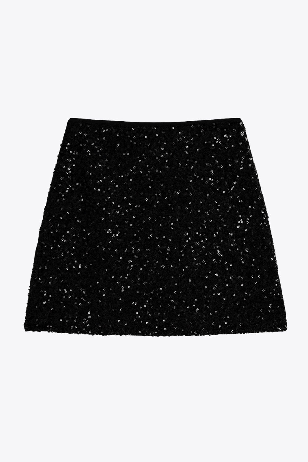 Falda corta de lentejuelas, fit ajustado y cintura alta elástica.
