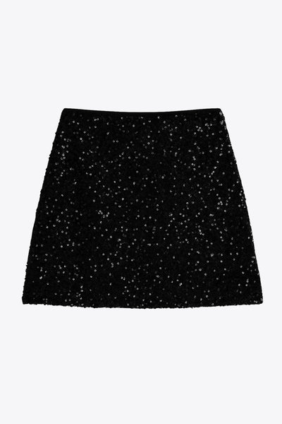 Falda corta de lentejuelas, fit ajustado y cintura alta elástica.