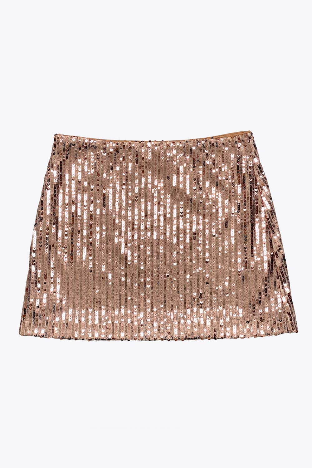 Falda corta de lentejuelas, fit ajustado y cintura alta elástica.