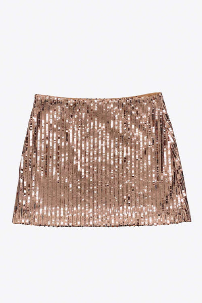 Falda corta de lentejuelas, fit ajustado y cintura alta elástica.