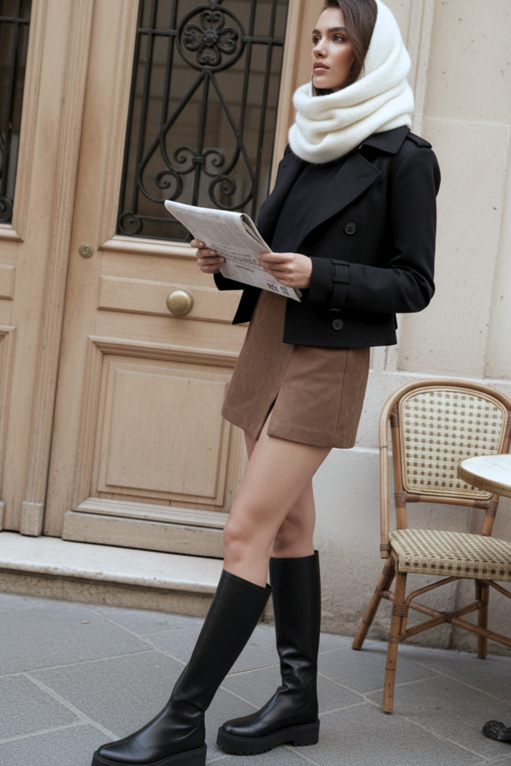 Falda short corto de gamuza, cintura alta, corte en a, costura frontal con abertura en bajo y cierre posterior con cremallera oculta.