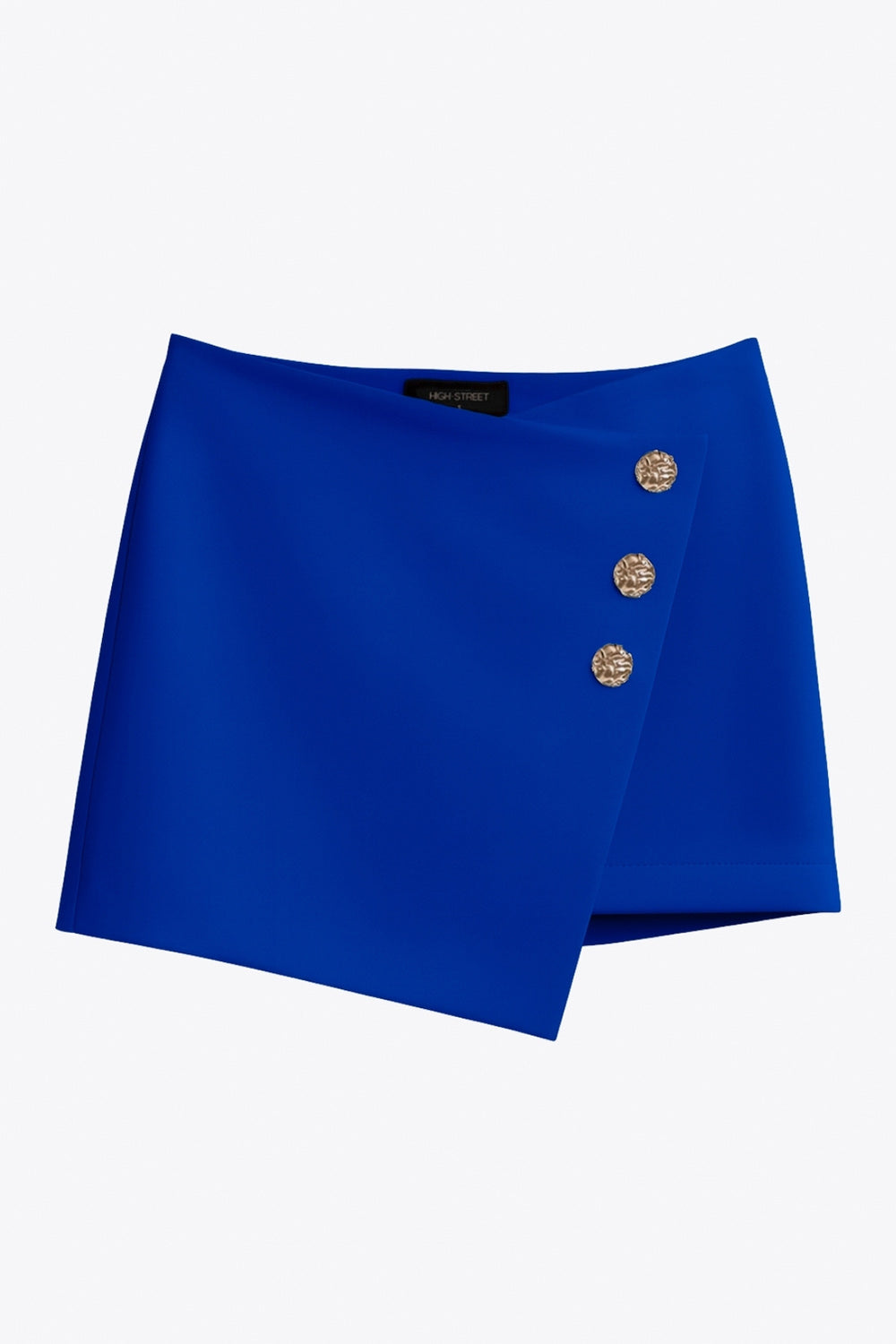 Falda short corto de fit ajustado, cintura alta, cruce frontal con nudo y plisados decorativos frontales. Cierre posterior con cremallera oculta.