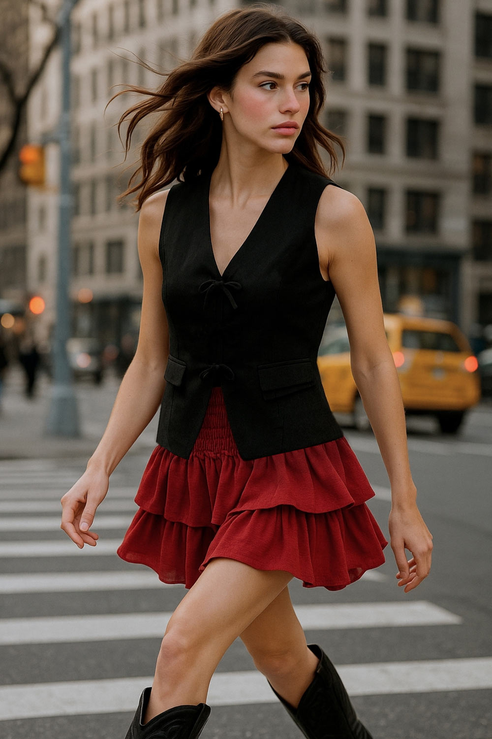 Falda short de corte en a, cintura alta elástica con pretina fruncida y capas de olanes en bajo.