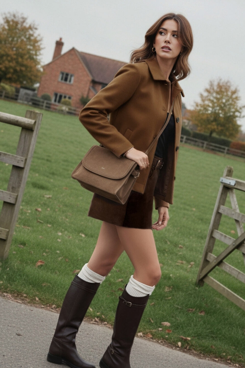 Falda short corto de gamuza, fit ajustado, cintura alta con pretina y trabillas, bolsillos delanteros, cierre frontal con botón y cremallera oculta.