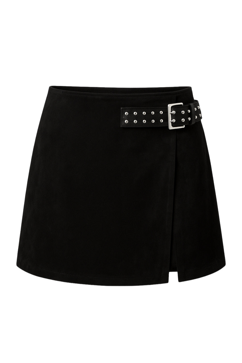 Falda short corto de gamuza, corte en a, cintura alta con pretina, abertura frontal en bajo y cierre lateral con cremallera oculta. Detalle de cinturón decorativo con hebilla en contraste.