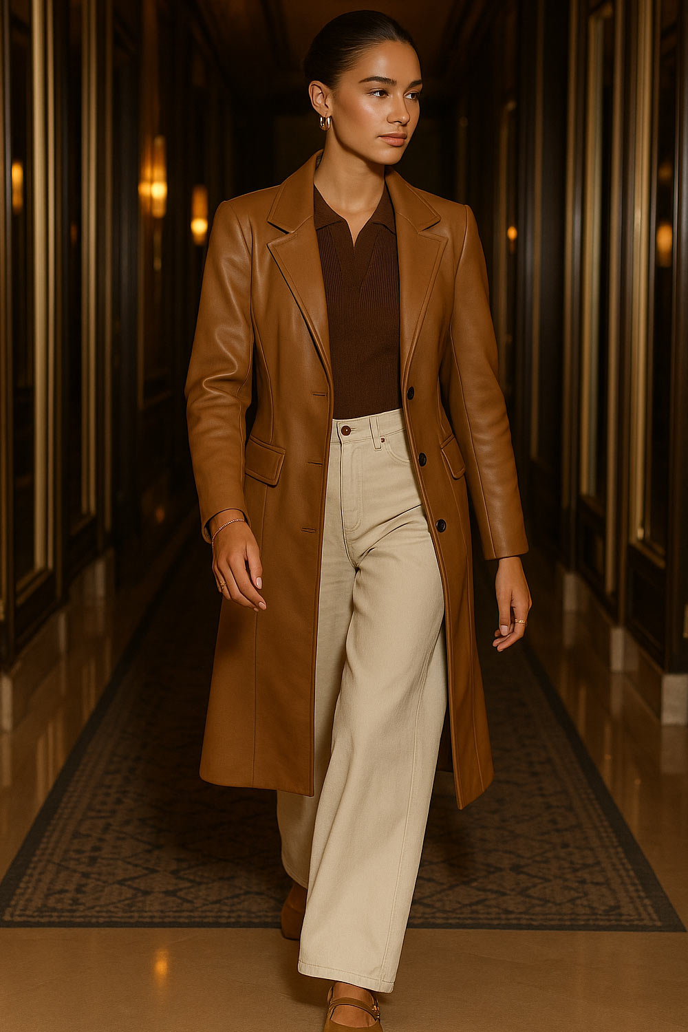 Abrigo largo de efecto piel, fit recto, con hombreras y solapa, bolsillos delanteros con cartera y manga larga. Cierre frontal con cruce de botones en contraste.