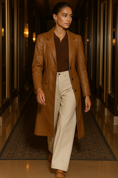 Abrigo largo de efecto piel, fit recto, con hombreras y solapa, bolsillos delanteros con cartera y manga larga. Cierre frontal con cruce de botones en contraste.