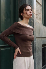 Rib-knit off-the-shoulder sweater