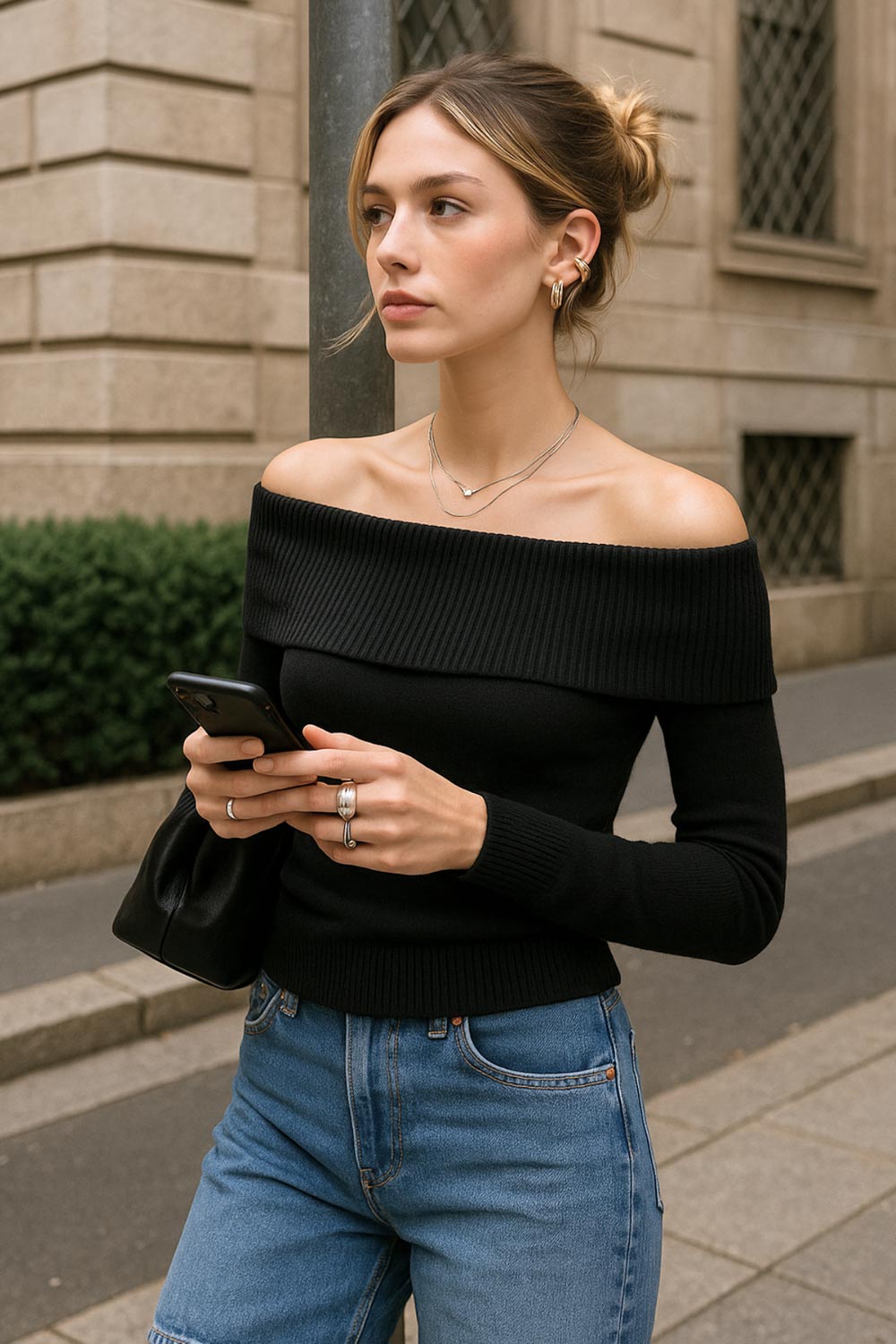 Jersey corto canalé de fit ajustado, hombros descubiertos con doblez en borde, manga larga y detalle de rib en bordes.