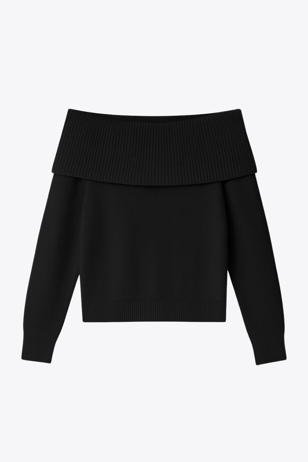 Jersey corto canalé de fit ajustado, hombros descubiertos con doblez en borde, manga larga y detalle de rib en bordes.