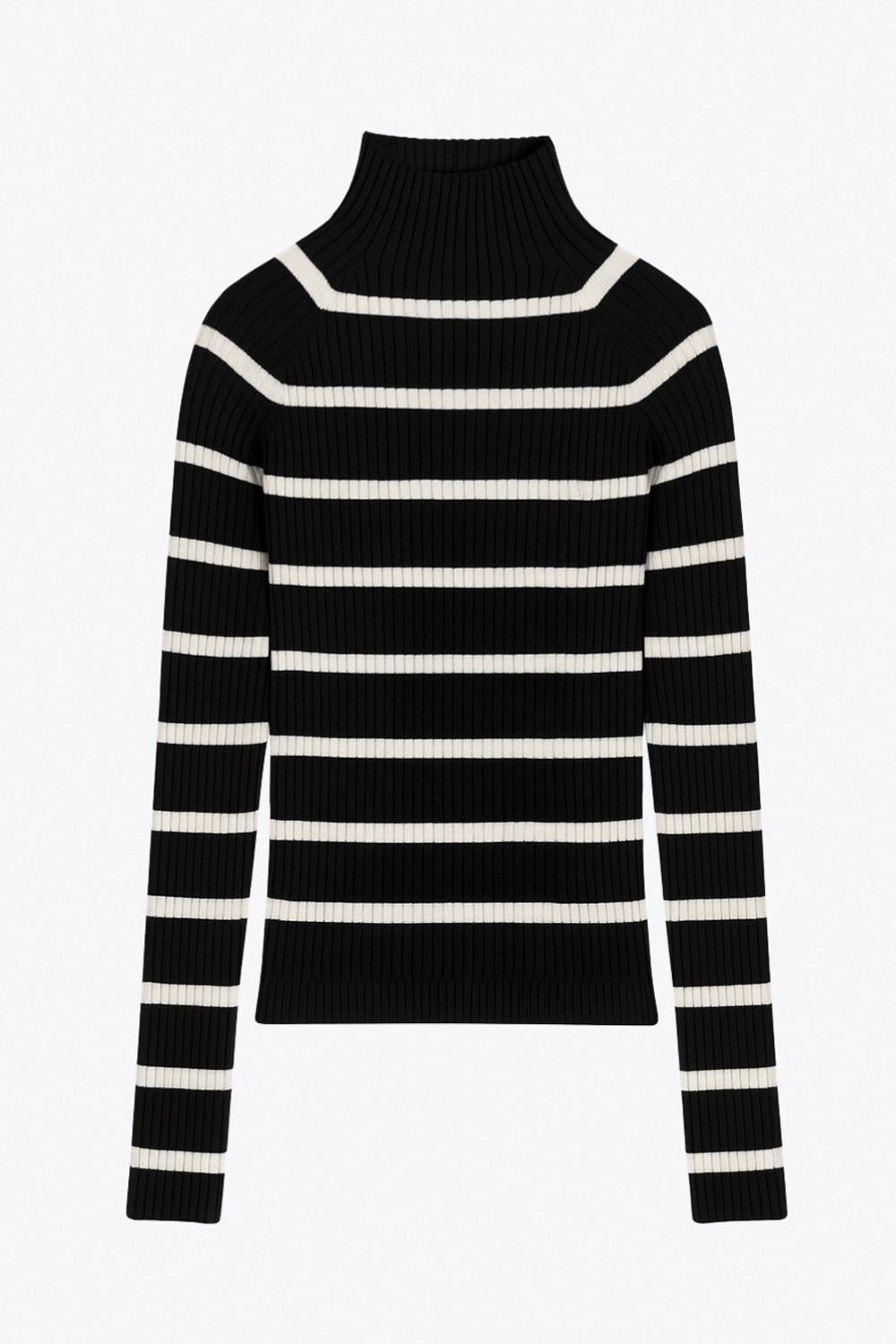 Jersey corto canalé de fit ajustado, estampado rayas, cuello alto seguido y manga larga.