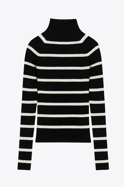 Jersey corto canalé de fit ajustado, estampado rayas, cuello alto seguido y manga larga.