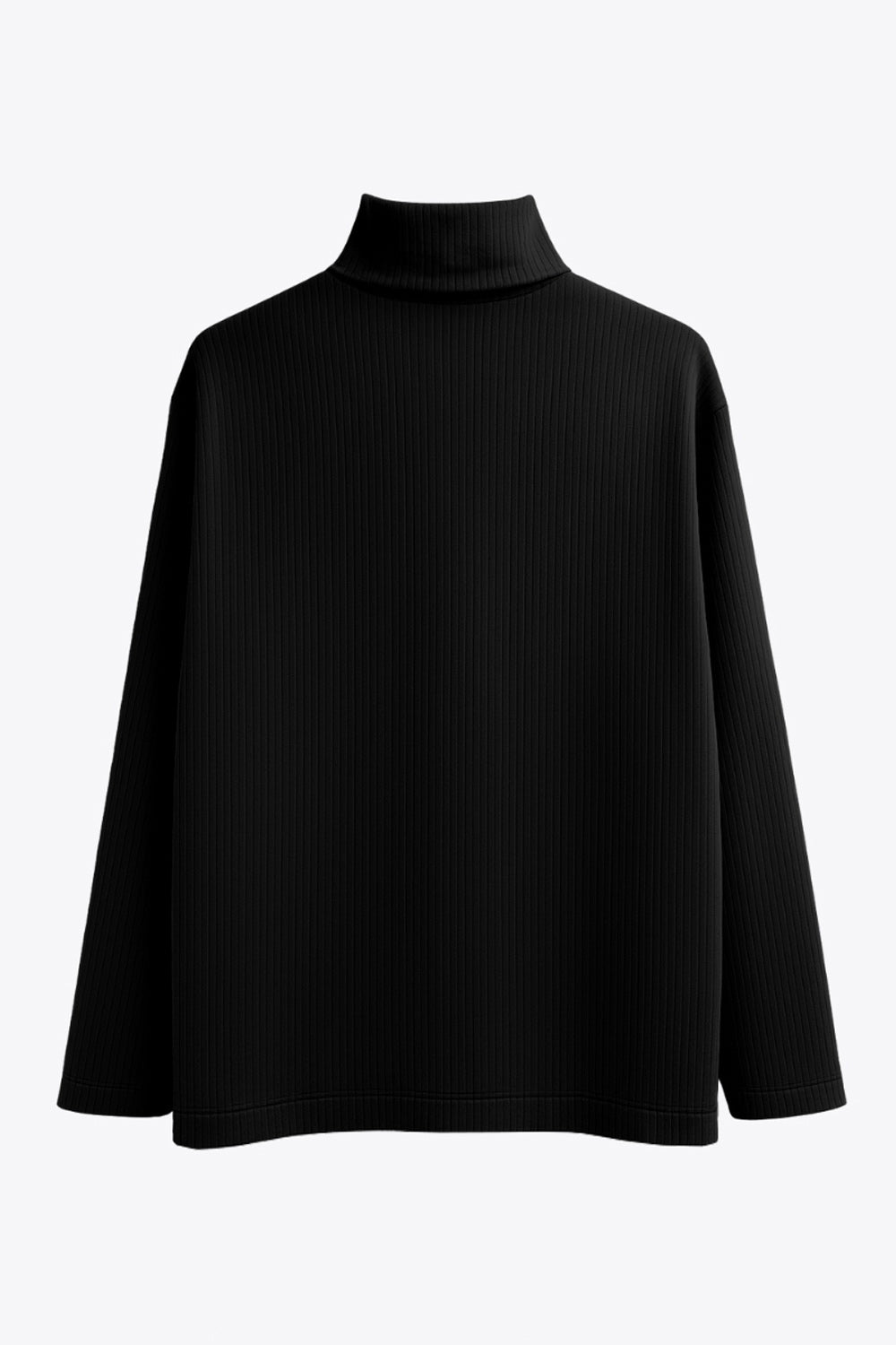 Jersey canalé de punto, fit oversized, cuello alto con doblez y manga larga.