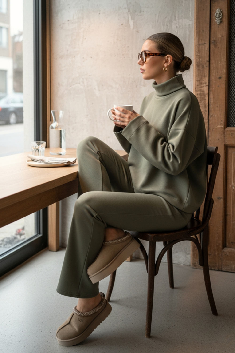 Jersey de fit fluido, cuello alto con doblez, manga larga con hombro caído y rib en puño.