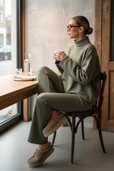 Jersey de fit fluido, cuello alto con doblez, manga larga con hombro caído y rib en puño.